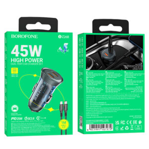 Încărcător auto Borofone BZ26B Discovery - 2xTip C - PD 45W 3A cu cablu Tip C la Lightning, albastru transparent